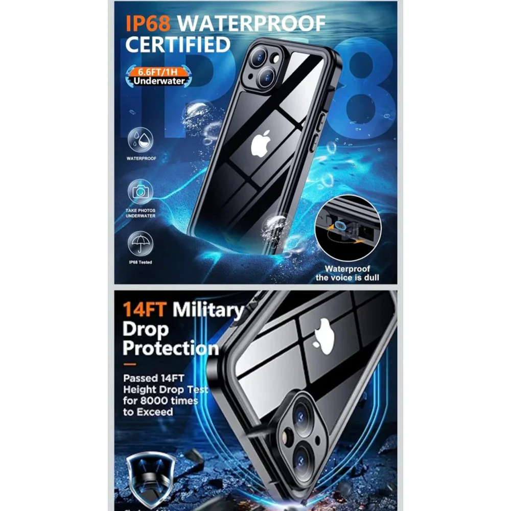 Black/Clear iPhone 15 Waterproof Shockproof Phone Case‎ One Size